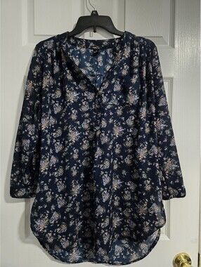 rue21 Navy Floral Chiffon Blouse Button Down Shirt Cottagecore Boho Size XL